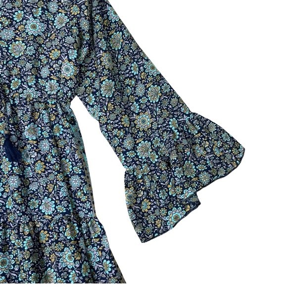 Anthropologie Boemo Maxi Dress L women Blue L Ruffle Tiered lace up boho Floral - Picture 7 of 14